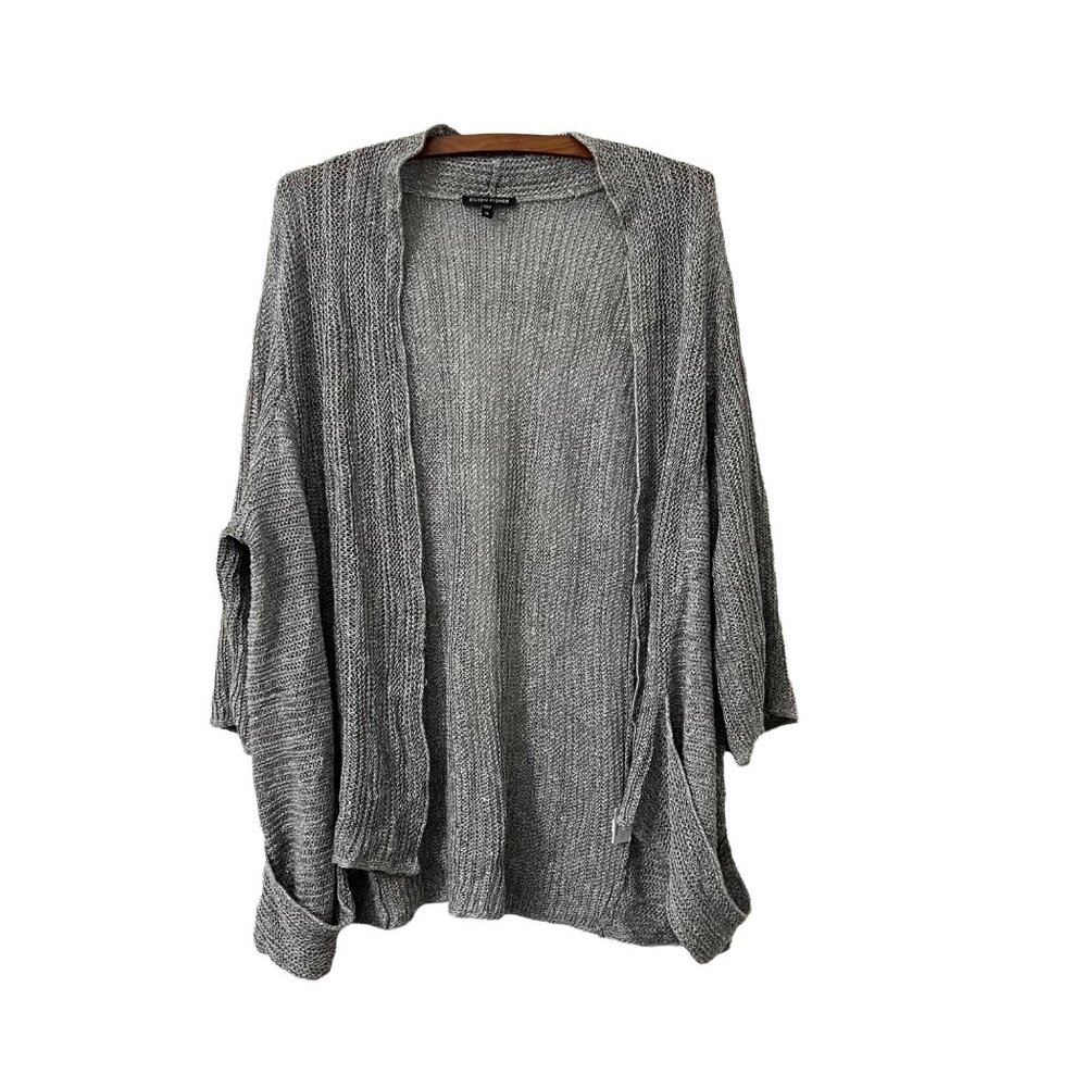 Eileen Fisher Womens Gray Open Knit Linen Silk Open Front Cardigan Sweater XL